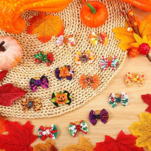 Yerliker 60 Pcs Halloween Thanksgiving Dog Hair Bows with Strong Rubber Bands, Christmas Dog Bows with Rhinestone Pearls, PET Handmade Hair Bowknot Dog Grooming Accessories for Dogs Cats, 30 Pairs