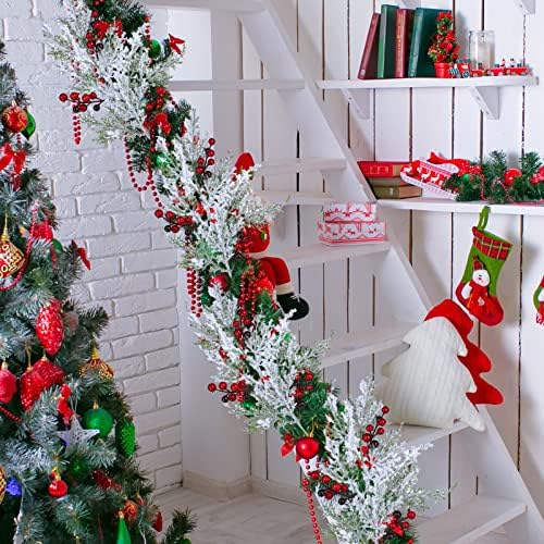 Winlyn 6 Pcs Snowy Artificial Cedar Picks with Red Berries Frosted Faux Cedar Sprays Christmas Cedar Greenery Branches Stems for Christmas Tree Wreath Floral Arrangement Vase Winter Holiday Décor