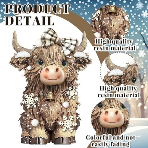 2 Pack Winter Highland Cow Figurine Decor Resin Winter Theme Highland Cow Christmas Gnomes Starfish Resin Christmas Statue for Garden Table Shelf Kitchen Home Decor Calf Gnome Herd Gifts
