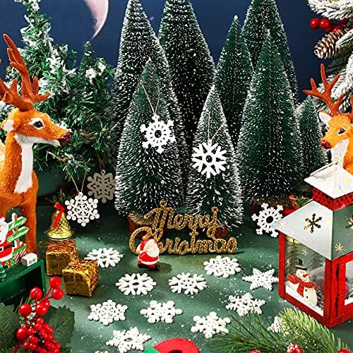 100 Pcs Christmas Unfinished Wooden Snowflake Ornaments Snowflake Hanging Cutouts Blank Wood Slices with Cord Craft Embellishments for Xmas Tree Decorations (White,2 Inches)