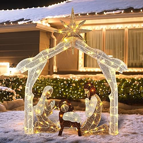 Hourleey 4FT Lighted Christmas Nativity Scene, Christmas Outdoor Decorations with 120 Count Pre-lit Warm White Lights, Holy Family for Xmas Outside Yard Garden Holiday Decor