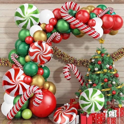 126 PCS Red Green White Christmas Balloon Garland Arch Kit, Gingerbread Holiday Balloon Arch Kit Xmas Christmas Decorations Balloons Christmas Party Garland Balloons Candy Cane Balloon Arch Kit