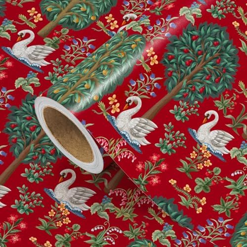 WRAPAHOLIC Vintage Christmas Wrapping Paper Roll - Mini Roll - 17 Inch x 16.5 Feet - Retro Christmas Wrapping Paper with Swan, Trees and Flowers in Middle Ages for Xmas Holiday, Party Celebration