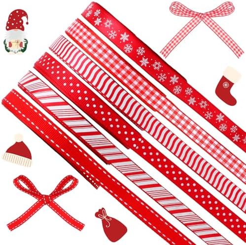 60 Yards 3/8" Christmas Ribbon for Crafts Red and White Thin Grosgrain Ribbon Christmas Ribbon for Gift Wrapping DIY Holiday Xmas Decorations Hair Bow Festival Holiday Party