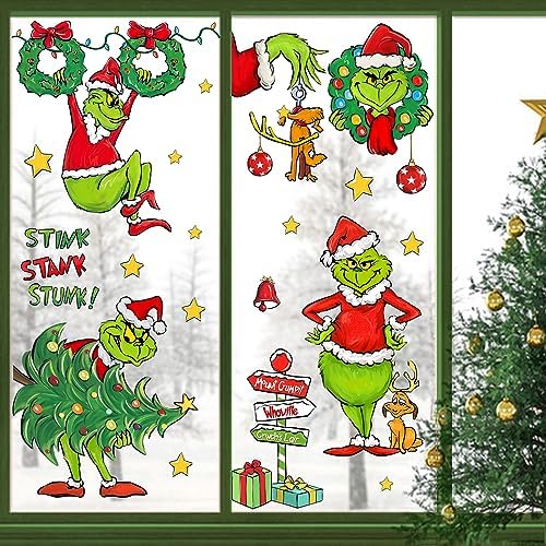 Yovkky Merry Christmas Grinch Window Clings, Xmas Tree Max Dog Wreath Sign 2026 New Year Green Red Stickers Decals Decor, Stink Stank Stunk Funny Winter Holiday Home Kitchen Decorations