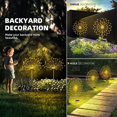 2 PCS Solar Firework Light, Outdoor Solar Garden Decorative Lights 120 LED Powered 40 Copper Wires String DIY Landscape Light for Walkway Pathway Backyard Christmas Decoration Parties (Warm White)