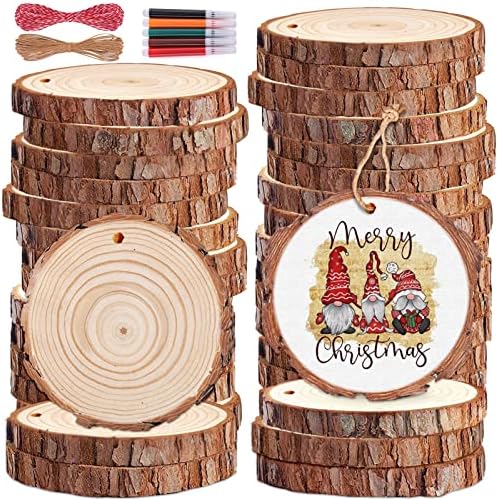Wood Slices 32 Pcs 2.8-3.1 Inch, Natural Unfinished Wood Rounds Slice Ornaments, Round Craft Wood Kit Predrilled Wood Circles for DIY Crafts Christmas Wedding Centerpieces Wooden Coasters Burning