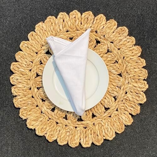 13.8" Round Corn Husk Placemats | Boho Woven Rattan Table Mats | Natural Spring Farmhouse Plate Chargers | Handmade Rustic Wicker Place Mats for Christmas Wedding (Set of 6)