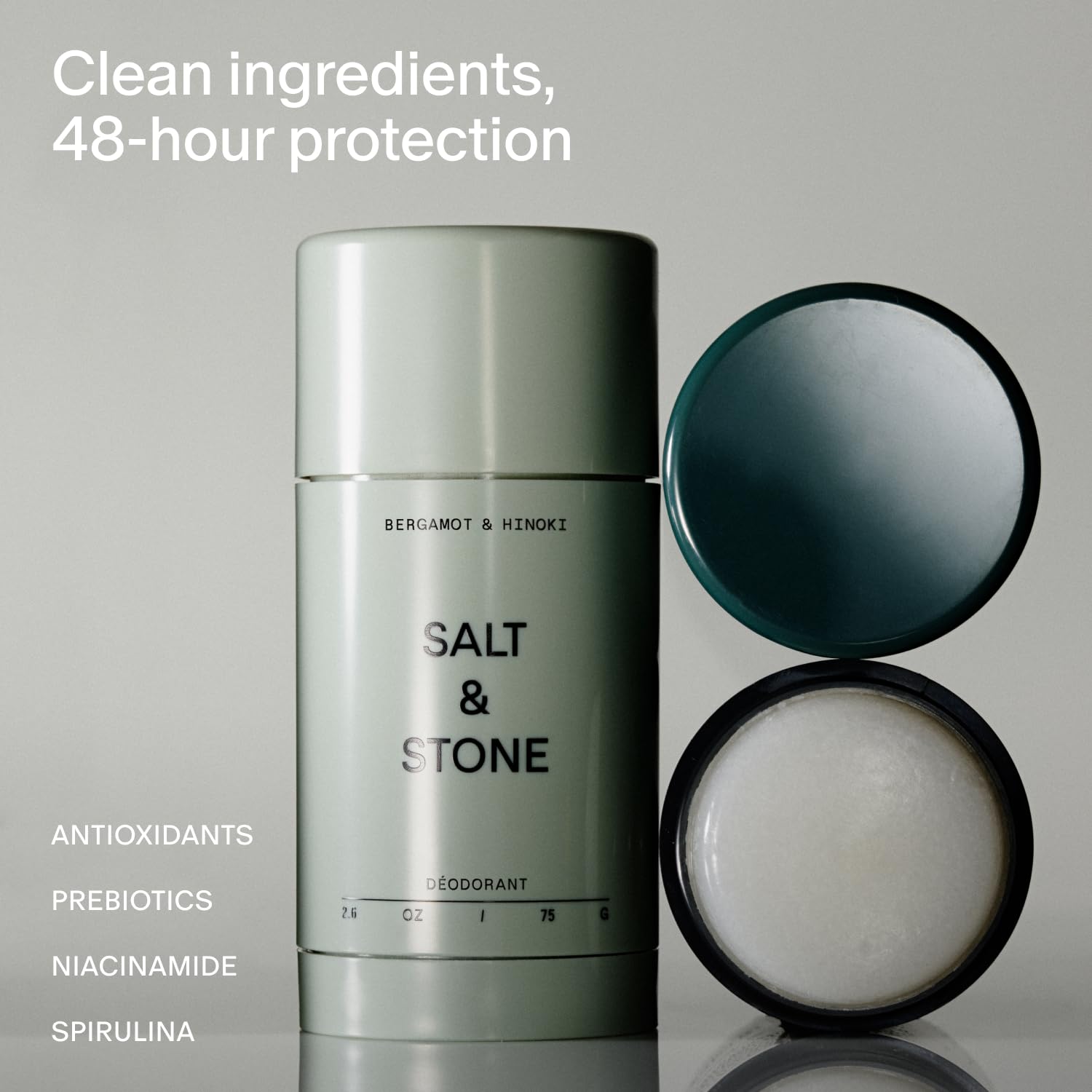 Salt & Stone Aluminum Free Deodorant | Extra Strength 48 Hour Protection for Women & Men | Made with Seaweed Extracts, Niacinamide & Prebiotics | Bergamot & Hinoki