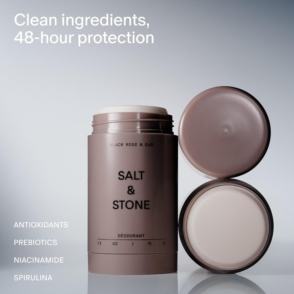 Salt & Stone Aluminum Free Deodorant | Extra Strength 48 Hour Protection for Women & Men | Made with Seaweed Extracts, Niacinamide & Prebiotics | Black Rose & Oud
