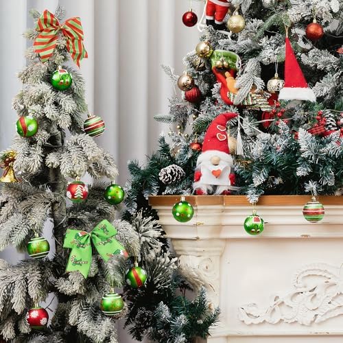 14 Pcs Christmas Ball Ornaments Set, 12 Red and Green Glittering Elf Balls with 2 Bows, 2.4 Inch Shiny Hanging Bulbs for Christmas Tree Decorations, Holiday Party, Table Centerpiece and Home Decor
