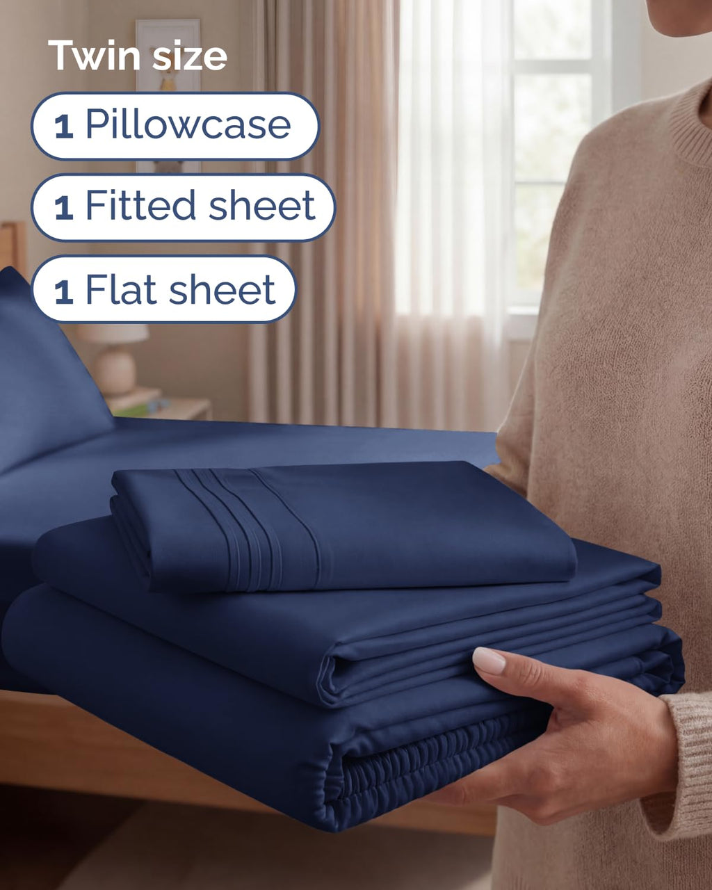Twin Size 3 Piece Sheet Set - Comfy Breathable & Cooling Sheets - Hotel Luxury Bed Sheets for Women & Men - Deep Pockets, Easy-Fit, Extra Soft & Wrinkle Free Sheets - Navy Blue Oeko-Tex Bed Sheet Set