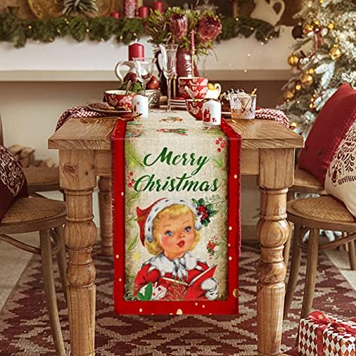 Vintage Christmas Table Runner Xmas Holiday Santa Claus Kitchen Dinner Table Decorations Merry Christmas Table Runner for Indoor Outdoor Home Party Decor 13 x 91 Inch