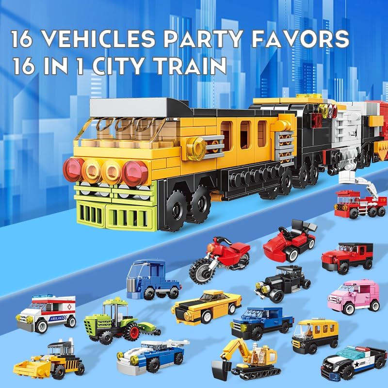 16 Pack Building Blocks Party Favors for Kids, 2 in 1 710pcs Creative Building Kits Mini City Vehicles include Police Car & Train, Christmas Toy Gifts Goodie Bag Fillers Stuffers for Boys Girls Kids