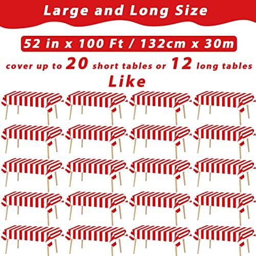 100Ft Long Tablecloth Roll Red and White Striped Tablecloth Carnival Circus Tent Party Supplies Halloween Christmas Plastic Picnic Table Cover for Birthday Party Circus Backdrop Banner Decoration