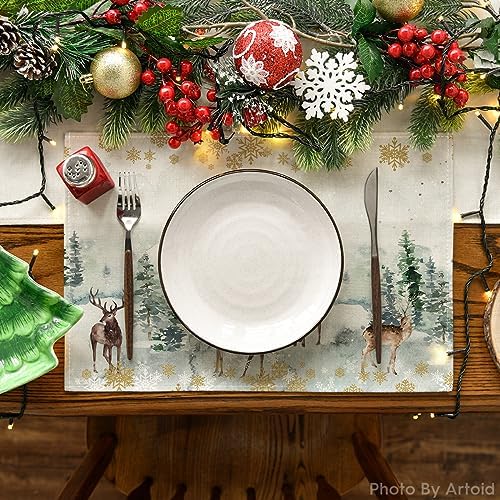 Artoid Mode Watercolor Deer Trees Snowflakes Christmas Placemats for Dining Table, 12 x 18 Inch Seasonal Winter Xmas Holiday Rustic Vintage Thanksgiving Washable Table Mats Set of 4