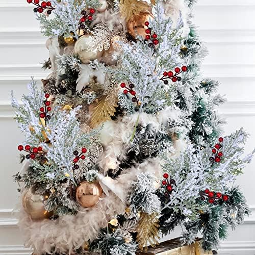 Winlyn 6 Pcs Snowy Artificial Cedar Picks with Red Berries Frosted Faux Cedar Sprays Christmas Cedar Greenery Branches Stems for Christmas Tree Wreath Floral Arrangement Vase Winter Holiday Décor