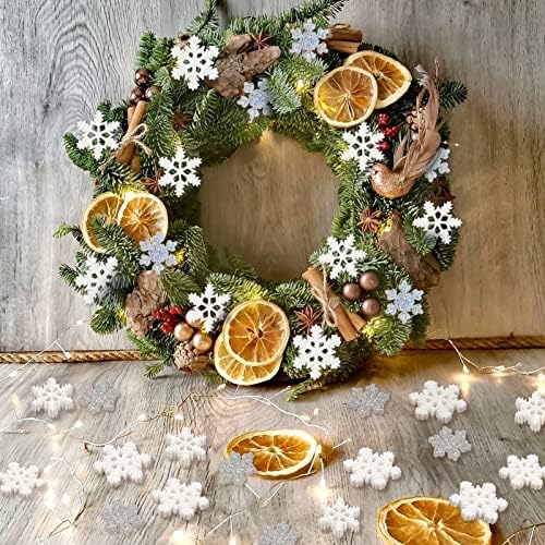 100Pcs Mini Snowflake Ornament Christmas Decorations- Glitter Resin White and Silver Snowflakes Christmas Craft Embellishment for DIY Craft Xmas Tree Winter Party Table Decor (3 Sizes)