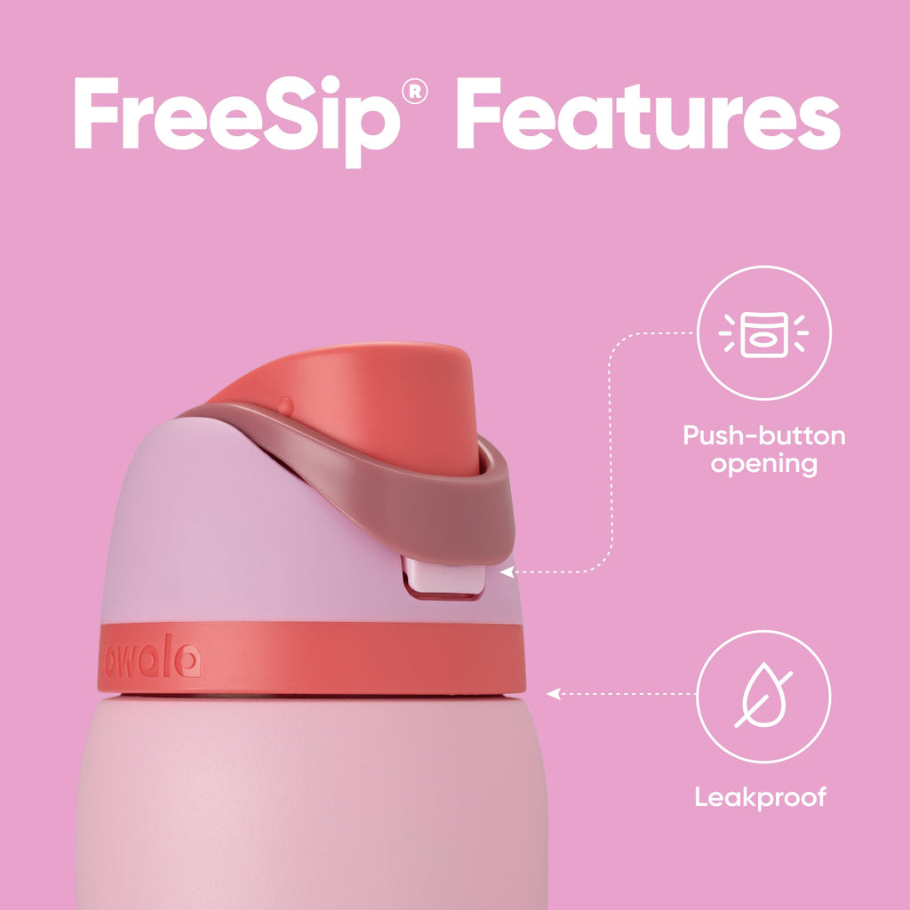 Owala FreeSip Insulated Stainless Steel Water Bottle with Straw for Sports and Travel, BPA-Free Sports Water Bottle, 32 oz, Pink, Angel Food Cake