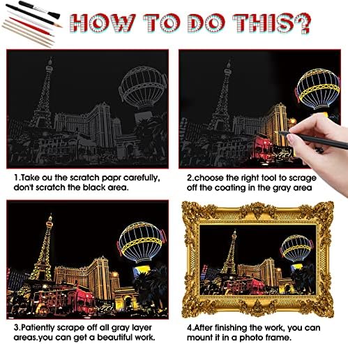 12 Sheets Scratch Painting Rainbow Paper, Sketch Pads DIY Art Craft City Series Night View Scratchboard Craft Art Kits with 6 Tools for Adults Kids Halloween Christmas(7.8 X 5.5 Inches(Style A))