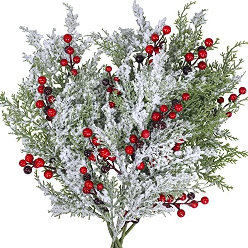 Winlyn 6 Pcs Snowy Artificial Cedar Picks with Red Berries Frosted Faux Cedar Sprays Christmas Cedar Greenery Branches Stems for Christmas Tree Wreath Floral Arrangement Vase Winter Holiday Décor