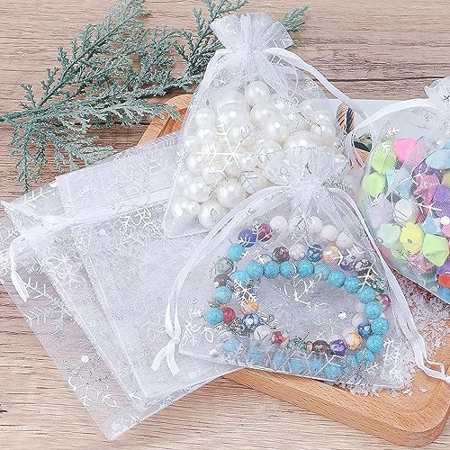 jijAcraft 5x7 Inch Christmas Organza Bags - 50Pcs White Snowflake Gift Bags with Drawstring, Xmas Party Favor Sheer Mesh Pouches for Winter Gift, Candy, Jewelry Bag