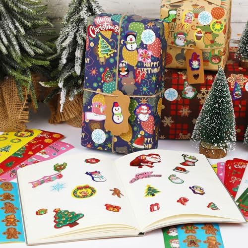 FEBSNOW Christmas Stickers, 100 Sheets Christmas Stickers for Kids Over 1300pcs Vinyl Waterproof Xmas Scrapbook Stickers Holiday Crafts Snowman Snowflakes Stickers Christmas Party Favors Gifts Decor