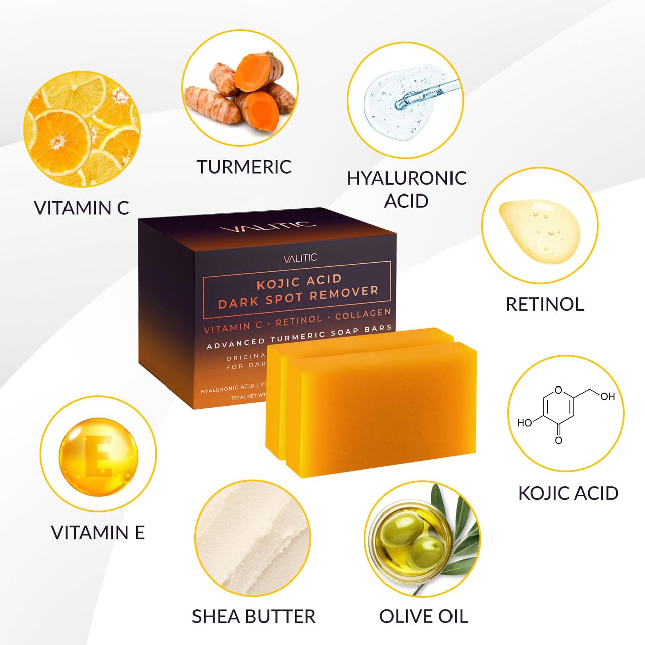 VALITIC Kojic Acid Dark Spot Corrector Soap Bars with Vitamin C, Retinol, Collagen, Turmeric - Original Japanese Complex - Hyaluronic Acid, Vitamin E, Shea Butter, Castile Olive Oil - 2 Pack With Bag