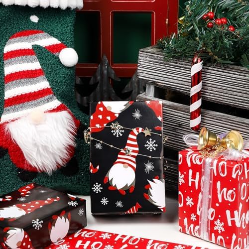 WRAPAHOLIC Christmas Wrapping Paper Sheet - 12 Sheets Red and Black Chrismas Gnome Design Folded Flat with 12 Gift Tags for Holiday, Party Celebration - 19.7 Inch X 27.5 Inch Per Sheet