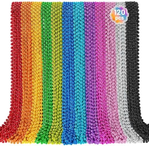 120 PCS Mardi Gras Beads, Party Beads Necklaces for Mardi Gras, Christmas, St. Patrick's Day, Metallic Colorful Necklaces Accessories in 12 Colors