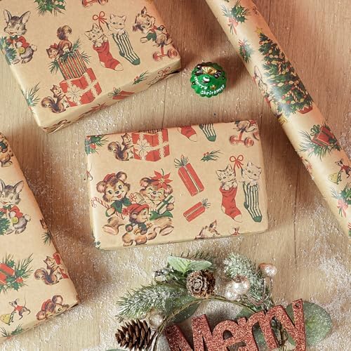 RUSPEPA Kraft Christmas Wrapping Paper Roll, Mini Roll, Vintage Animals Like Cat and Squirrel with Santa Hats, Tree, Stockings & Gifts, Kraft Gift Wrap for Boys, Girls, Holiday, 17 Inches x 16.4 Feet