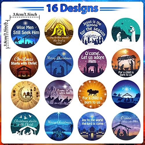 Containlol 800 Pcs Christmas Religious Stickers Christmas Nativity Stickers Jesus Sticker Christian Xmas Faith Roll Sticker Labels for Kid Xmas Cards Envelopes Candy Favor Craft, 16 Designs(Classic)