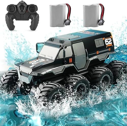 2 Batteries RC Car Toys, 8WD 2.4G 1:12 Big Waterproof Monster Truck Toys, Amphibious Remote Control Car for Boys 4-12, Gift Birthday Christmas for 7 8 9 10 11 12 Year Old Boys/Girls -Black