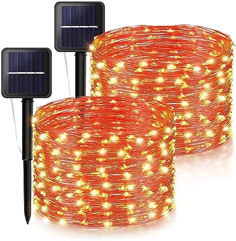 Ｗoohaha Solar Halloween Lights Outdoor,2 Pack Each 33Ft 100LED Orange Halloween Lights,Copper Wire Solar Powered Fairy String Lights 8 Modes for Garden,Tree,Thanksgiving,Christmas,Parties,Home Decor