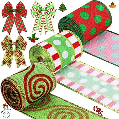 Yinder 3 Rolls Christmas Wired Ribbon Red and Lime Green Christmas Wrapping Ribbon 2.56 in Wide Polka Dot Swirl Fabric Xmas Decorative for DIY Crafts Tree Decorations