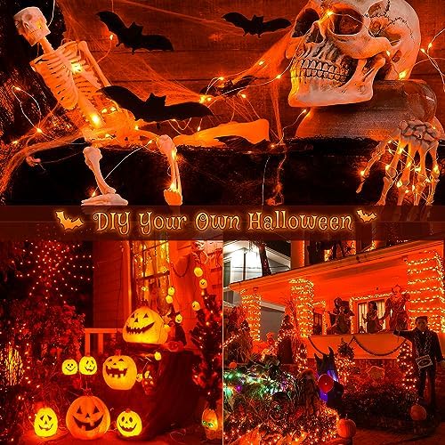 Ｗoohaha Solar Halloween Lights Outdoor,2 Pack Each 33Ft 100LED Orange Halloween Lights,Copper Wire Solar Powered Fairy String Lights 8 Modes for Garden,Tree,Thanksgiving,Christmas,Parties,Home Decor