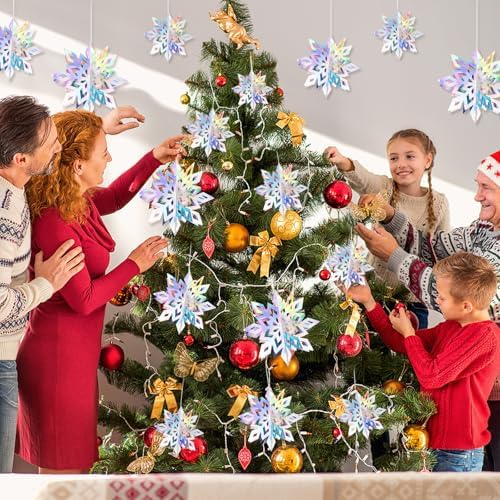 18pcs Hanging Snowflakes Decorations, 3D Iridescent Large Snowflakes Ornaments Hanging Snow Flakes from Ceiling for Christmas Winter Wonderland Indoor Home New Year Frozen Birthday Party Decorations