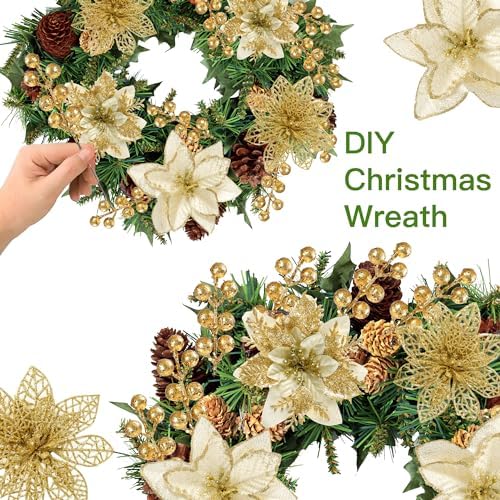 Sggvecsy 30 Pcs 3 Styles Christmas Glitter Poinsettia Flowers Artificial Berry Picks Christmas Tree Ornaments Artificial Christmas Flowers with Clips for Xmas Wedding Wreath Floral Decorations(Gold)