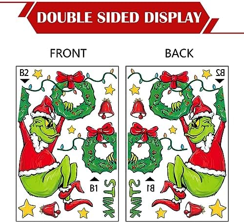 Yovkky Merry Christmas Grinch Window Clings, Xmas Tree Max Dog Wreath Sign 2026 New Year Green Red Stickers Decals Decor, Stink Stank Stunk Funny Winter Holiday Home Kitchen Decorations