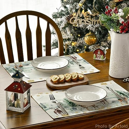 Artoid Mode Watercolor Deer Trees Snowflakes Christmas Placemats for Dining Table, 12 x 18 Inch Seasonal Winter Xmas Holiday Rustic Vintage Thanksgiving Washable Table Mats Set of 4