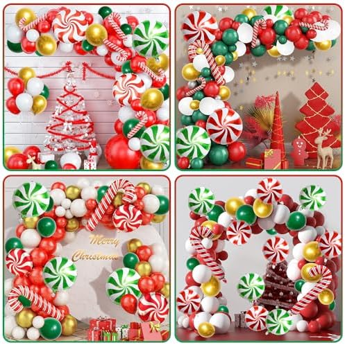 126 PCS Red Green White Christmas Balloon Garland Arch Kit, Gingerbread Holiday Balloon Arch Kit Xmas Christmas Decorations Balloons Christmas Party Garland Balloons Candy Cane Balloon Arch Kit