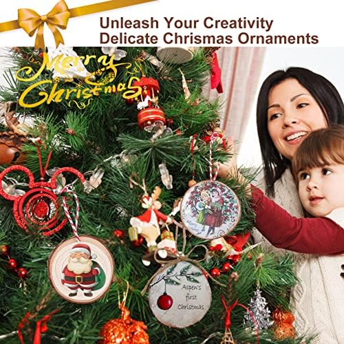 Wood Slices 32 Pcs 2.8-3.1 Inch, Natural Unfinished Wood Rounds Slice Ornaments, Round Craft Wood Kit Predrilled Wood Circles for DIY Crafts Christmas Wedding Centerpieces Wooden Coasters Burning