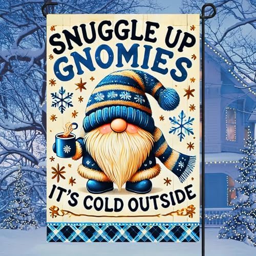 Winter Garden Flag - Double Sided 12x18, Christmas Gnomies, Snuggle Up Gnomies, Cozy Gnome Design, Outdoor Winter And Holiday Decor