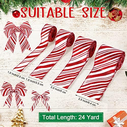 Ysleen 4 Rolls 24 Yards Christmas Candy Cane Wired Ribbons 1.0 Inch 1.5 Inch 2.0 Inch 2.5 Inch Glitter Red and White Striped Ribbon for Christmas Tree Home Decorations Gift Wrapping Ribbons