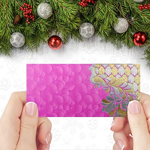 PARTH IMPEX Shagun Gift Envelope for Cash (Pack of 50) 7.5" x 3.5" Peacock Feather Gold Silver Foil Stamping Assorted Color Money Holder Card for Christmas Diwali Birthday Wedding Graduation