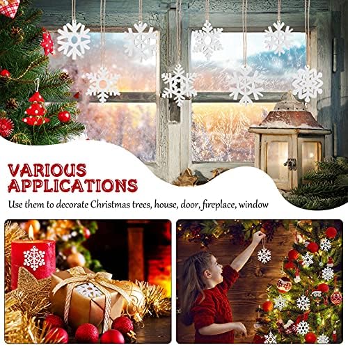 100 Pcs Christmas Unfinished Wooden Snowflake Ornaments Snowflake Hanging Cutouts Blank Wood Slices with Cord Craft Embellishments for Xmas Tree Decorations (White,2 Inches)