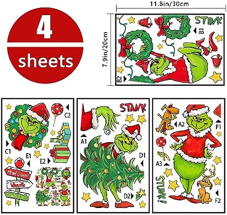 Yovkky Merry Christmas Grinch Window Clings, Xmas Tree Max Dog Wreath Sign 2026 New Year Green Red Stickers Decals Decor, Stink Stank Stunk Funny Winter Holiday Home Kitchen Decorations