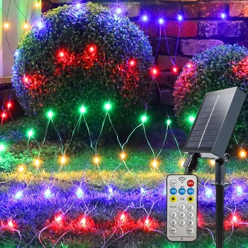 YAOZHOU Solar Christmas Net Lights Multicolor, Outdoor Waterproof 264Led 9.9Ft*6.6Ft Mesh Lights 8 Modes with Timer, Solar Powered Christmas Decorations for Lawn, Bushes, Trees
