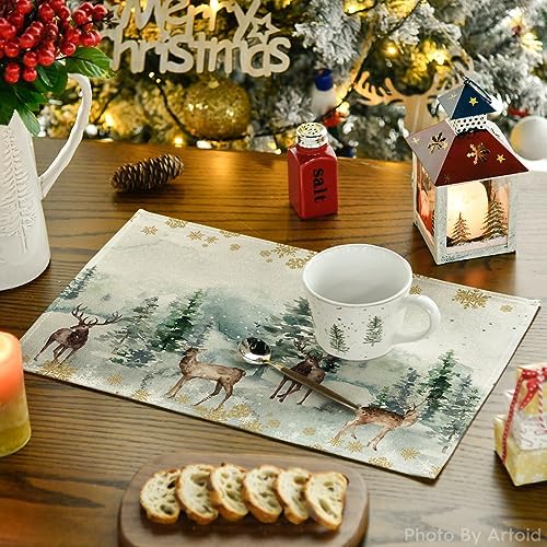 Artoid Mode Watercolor Deer Trees Snowflakes Christmas Placemats for Dining Table, 12 x 18 Inch Seasonal Winter Xmas Holiday Rustic Vintage Thanksgiving Washable Table Mats Set of 4