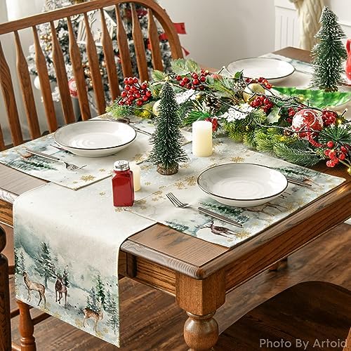 Artoid Mode Watercolor Deer Trees Snowflakes Christmas Placemats for Dining Table, 12 x 18 Inch Seasonal Winter Xmas Holiday Rustic Vintage Thanksgiving Washable Table Mats Set of 4